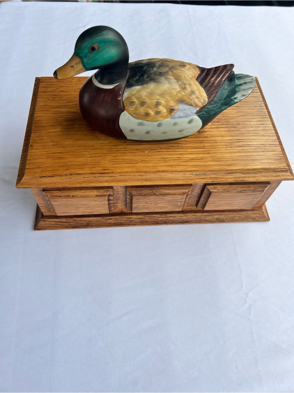 Vintage Style Wooden Box Ceramic Mallard Duck Lid Rustic Decor